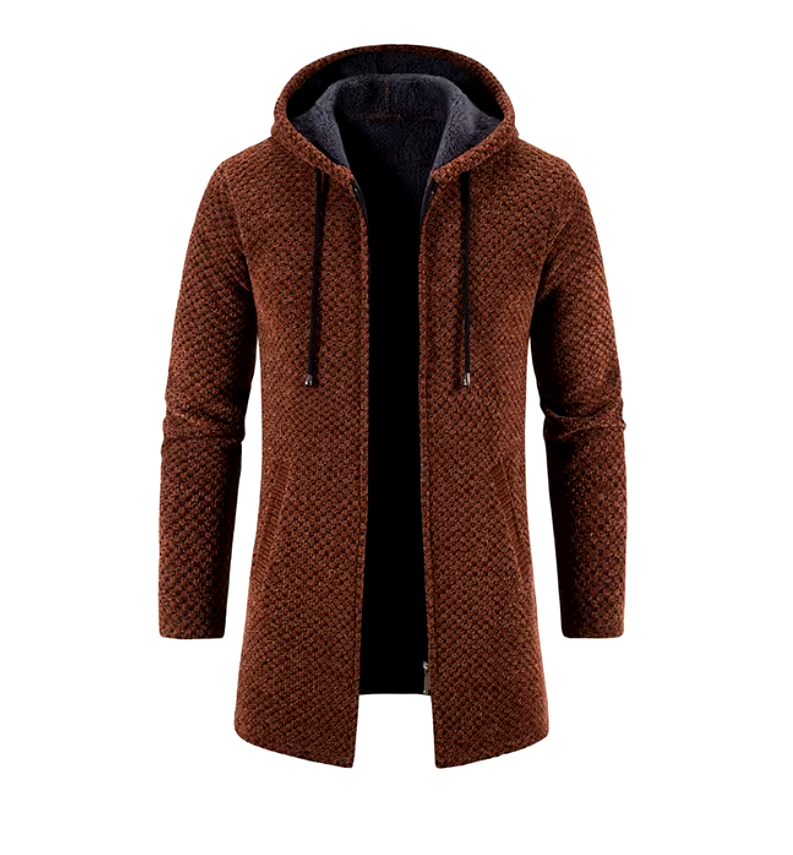 El Elegante – Lange Gebreide Wintertrenchcoat met Fleece en Capuchon voor Heren